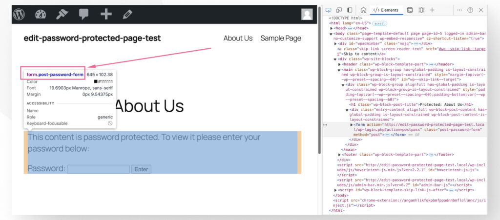 Browser developer tools opened in a WordPress password-protected page