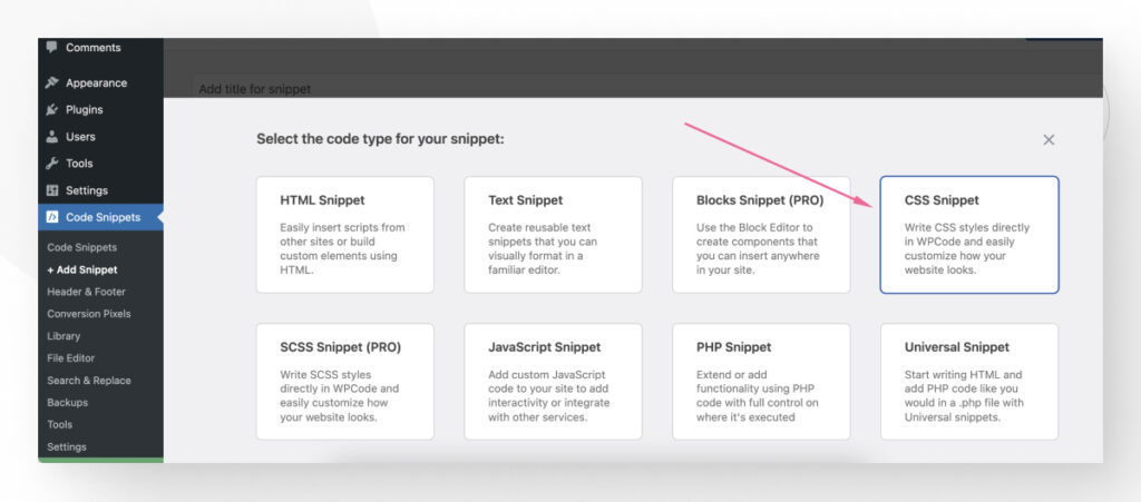 The interface for WordPress's Code Snippets plugin. An arrow highlights the "CSS Snippet" button