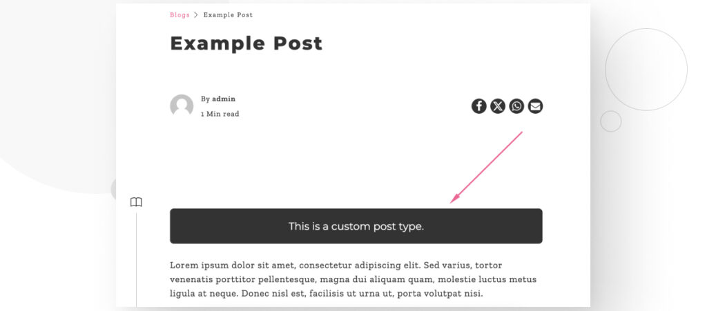 A WordPress blog post displaying a custom piece of HTML that clarifies the current post is a custom post type