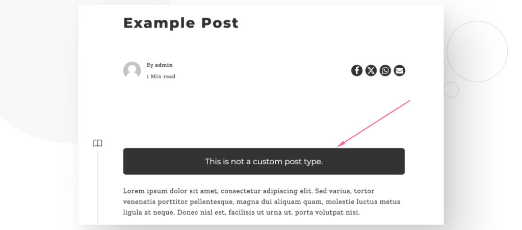 A WordPress blog post displaying a custom piece of HTML that clarifies the current post is not a custom post type