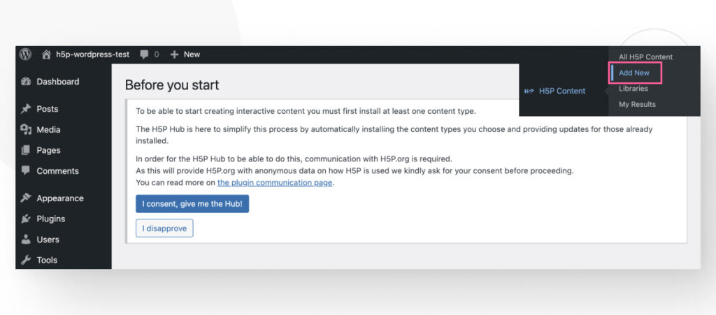 A WordPress screen prompting the user to agree to specific terms related to H5P resources