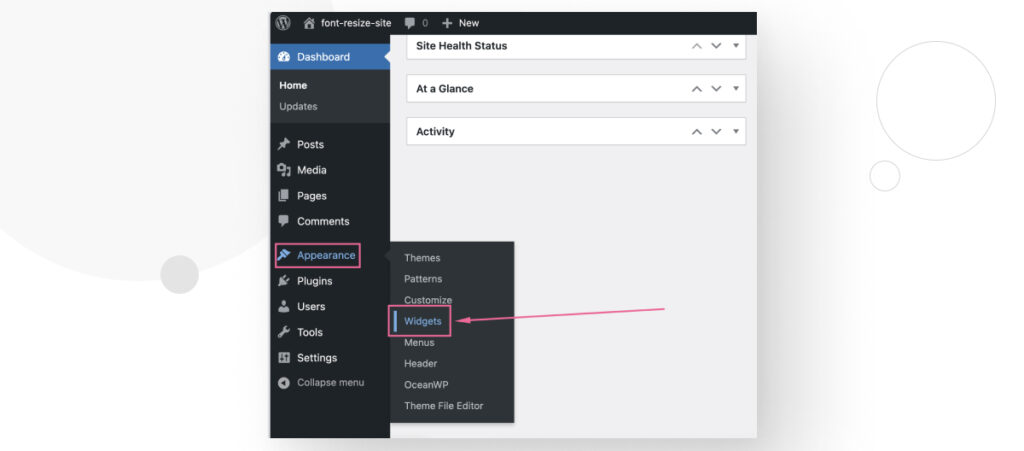 WordPress admin dashboard. The user is browsing the Appearance menu