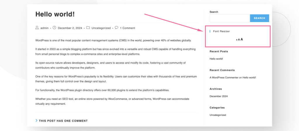 A font resizer widget in a WordPress post