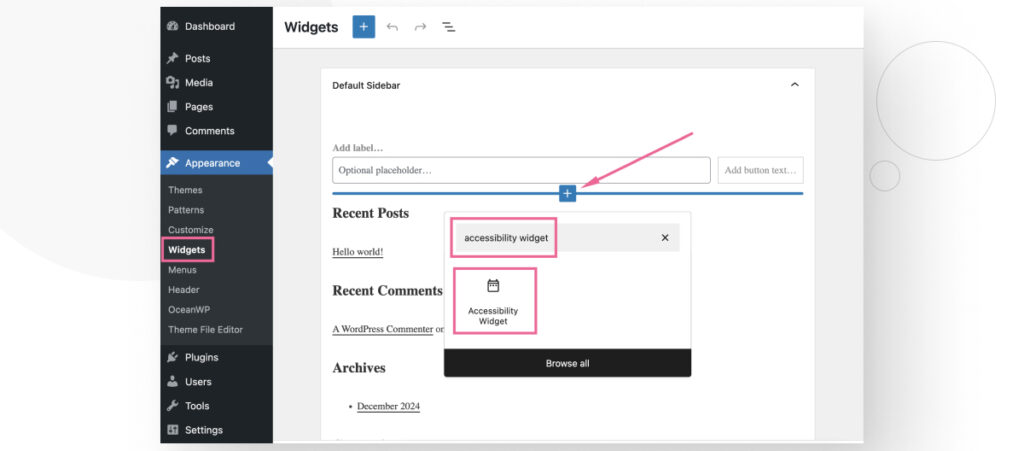 Adding a widget in WordPress's Appearance > Widget screen. The user is searching for the "Accessibility Widget" widget