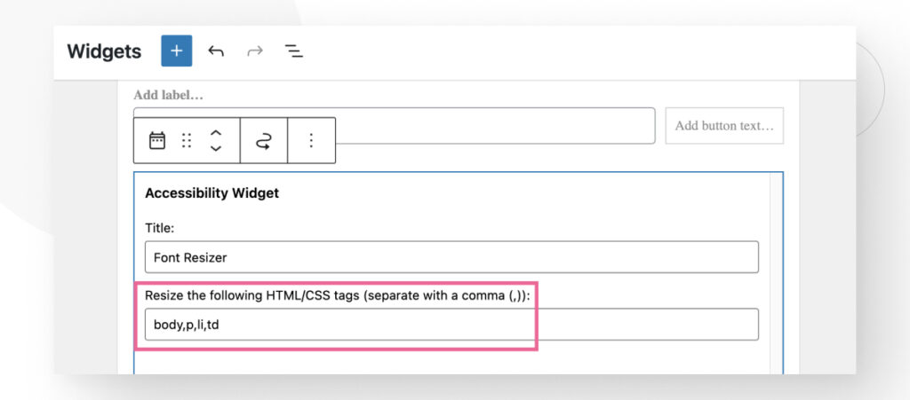 Editing the "Accessibility Widget" widget in WordPress. The user is editing the HTML and CSS tags affected by this widget