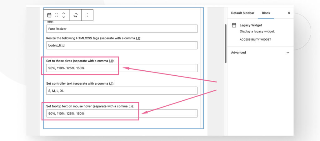 Editing the "Accessibility Widget" widget in WordPress. The user is editing the text that appears when hovering each of the font resizer buttons