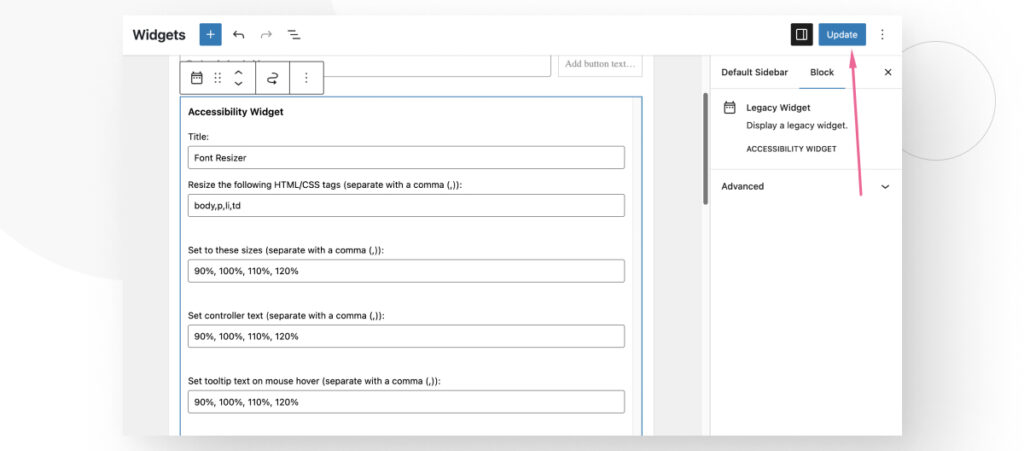 Pressing the "Update" button after editing WordPress widgets