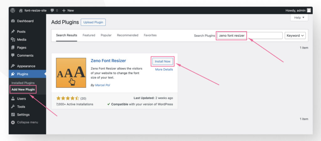 The WordPress plugin repository as seen in the admin dashboard. The user is searching for the "Zeno Font Resizer" plugin