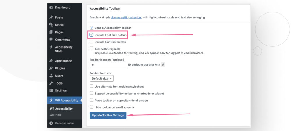 Settings for the Accessibility Toolbar plugin