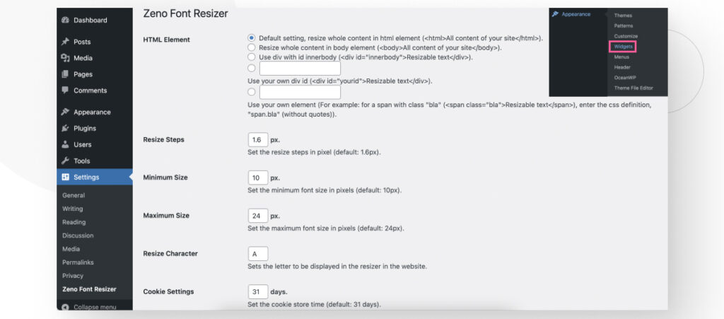 The configuration screen for the WordPress plugin Zeno Font Resizer