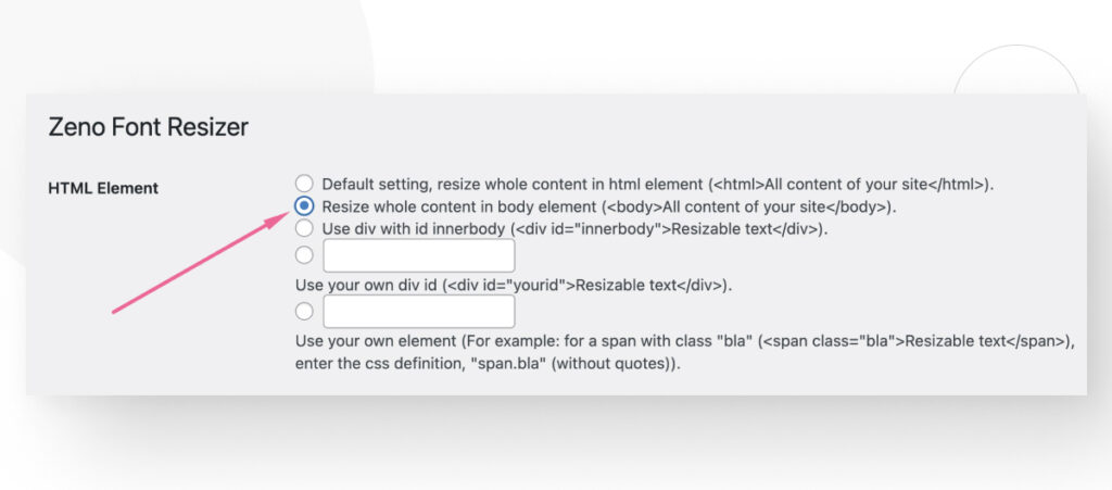 Configuration options on the WordPress plugin Zeno Font Resizer