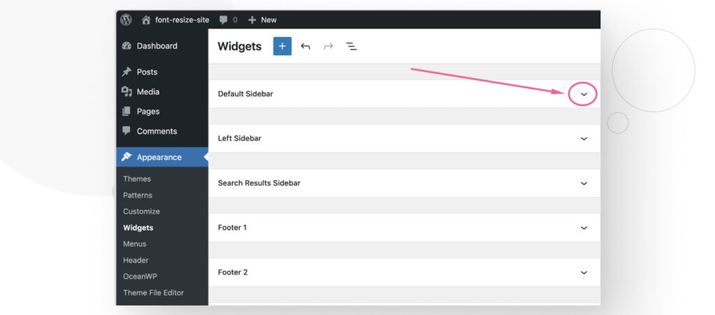 The Appearance > Widgets interface in WordPress. The user is clicking the button to expand one of the sections