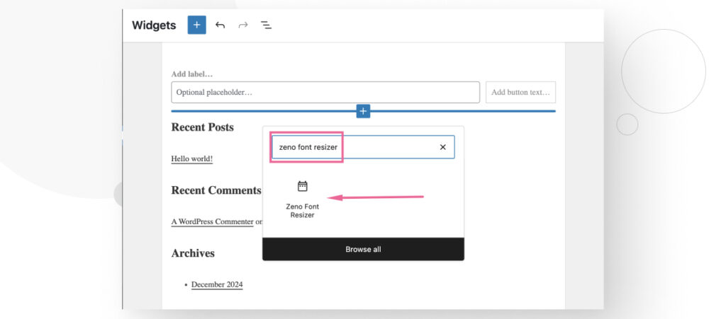 Adding a widget in WordPress's Appearance > Widget screen. The user is searching for the "Zeno Font Resizer" widget