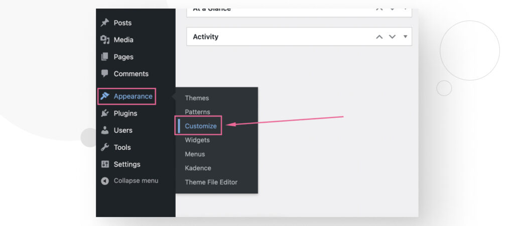 The WordPress admin dashboard. The user is navigating to the Customize menu