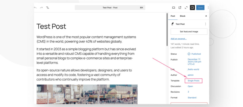 The WordPress Gutnebrg editor. The user is accessing the Single Posts layout