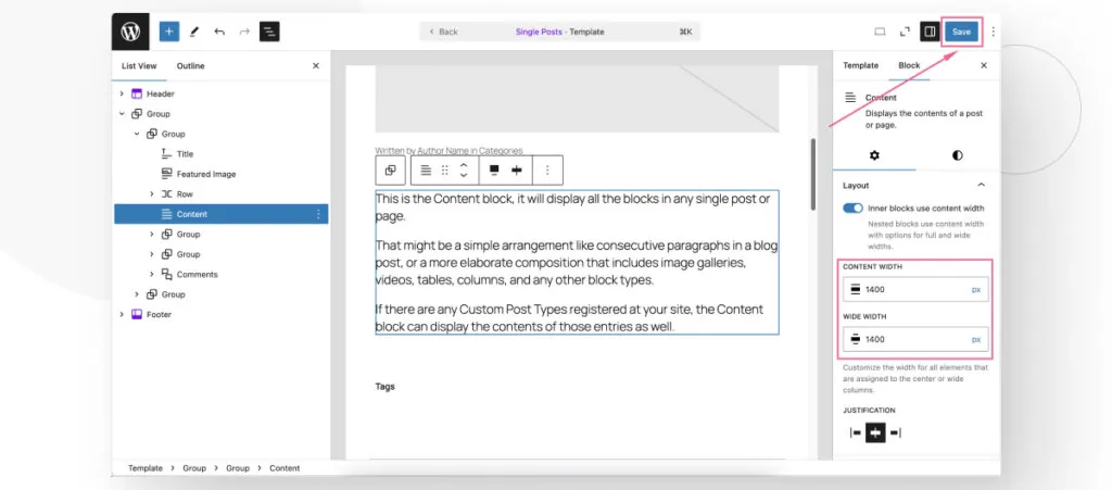 El editor de Gutenberg de WordPress. El usuario está editando el ancho del contenido en el diseño de Publicaciones Individuales