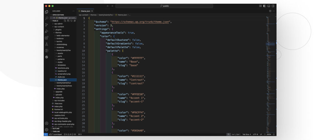 The contents of a WordPress theme's theme.json file