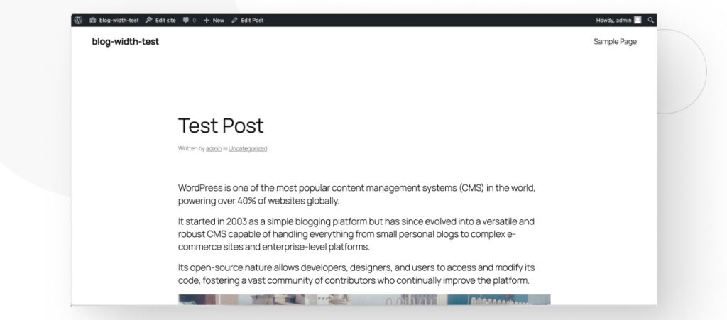 A WordPress blog post with a wide layout