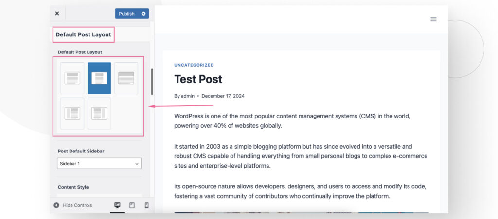 The WordPress "Customize" feature. The user is editing the layout of blog posts