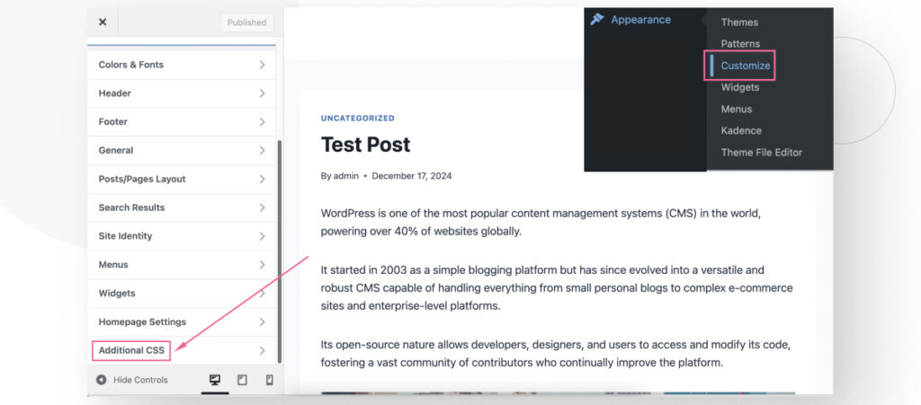 The WordPress "Customize" feature. The user is accessing the "Additional CSS" features