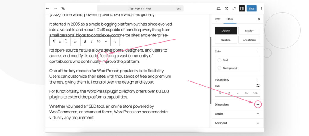 The WordPress Gutenberg editor. The user is browsing the block settings sidebar to access the Dimensions feature