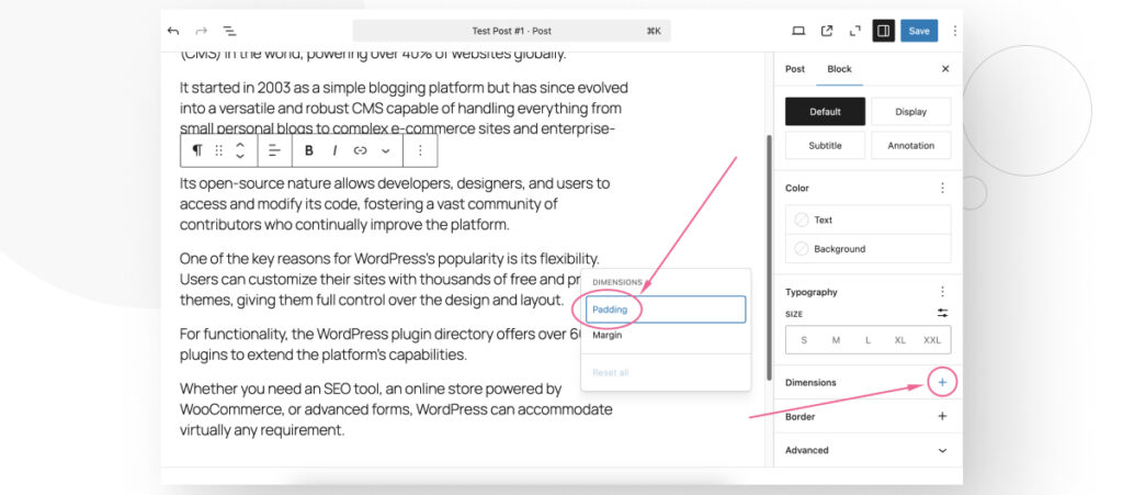 The WordPress Gutenberg editor. The user is browsing the block settings sidebar to access the block's Padding feature