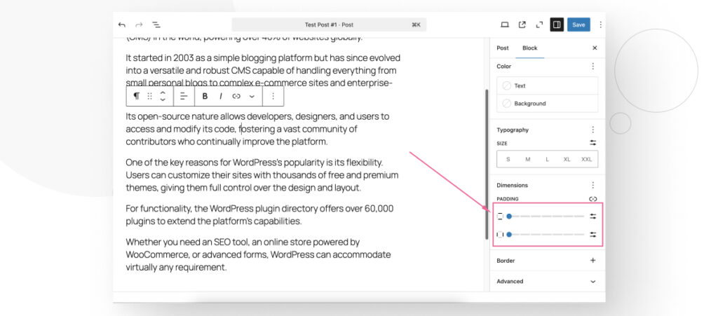 The WordPress Gutenberg editor. The user is editing a block's Padding settings