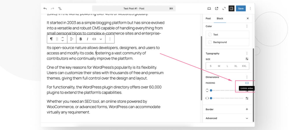 El editor Gutenberg de WordPress. El usuario está navegando por la barra lateral de configuraciones del bloque para desvincular los márgenes de un bloque de párrafo y hacerlos todos independientes entre sí