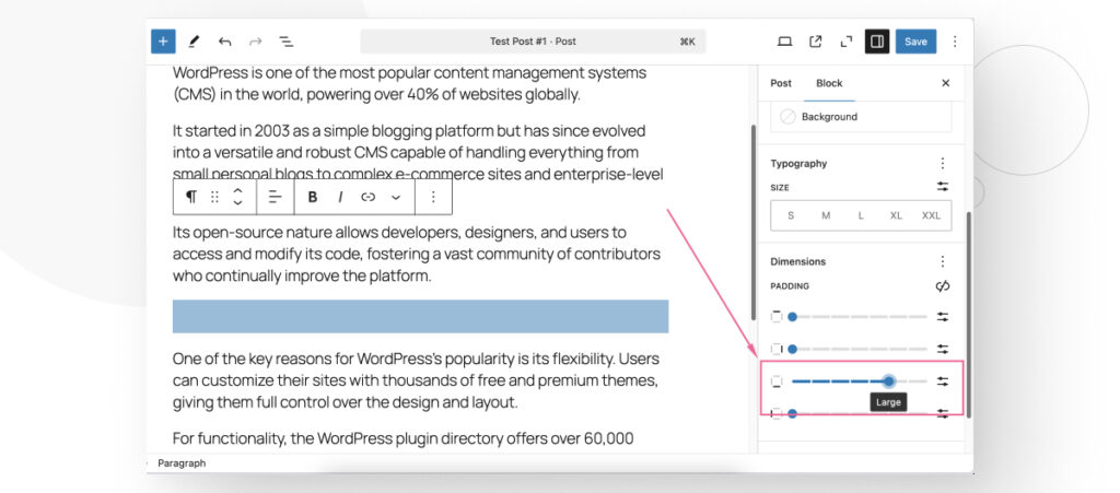 El editor Gutenberg de WordPress. El usuario está cambiando las configuraciones de Padding inferior de un bloque de párrafo