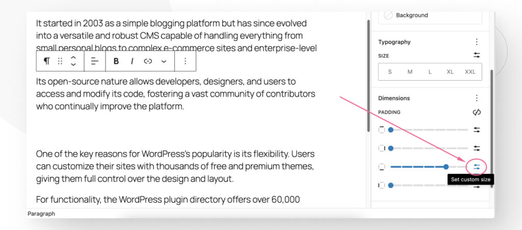 The WordPress Gutenberg editor. The user is browsing the block settings sidebar to access the "Set custom size" button for modifying the padding