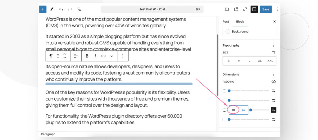 El editor Gutenberg de WordPress. El usuario está modificando el padding inferior de un bloque de párrafo