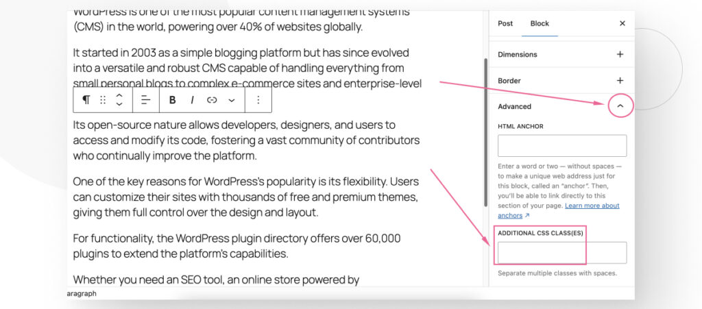 The WordPress Gutenberg editor. The user is browsing the block settings sidebar to assign a custom HTML class to a block