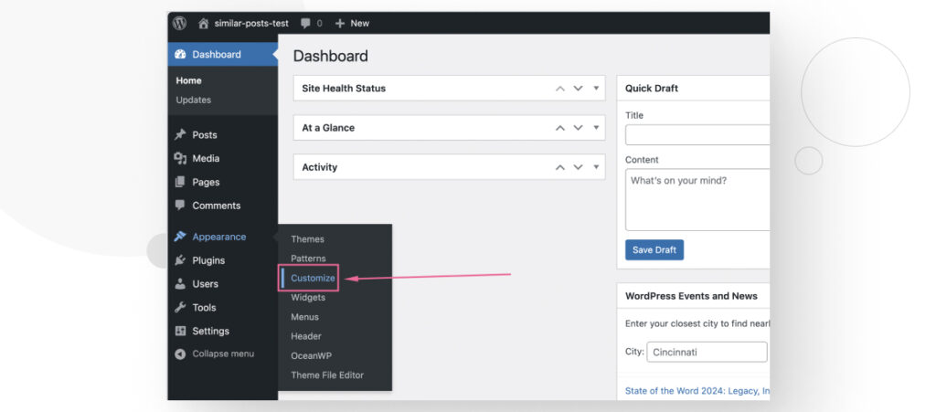 The WordPress admin dashboard. The user is navigating to the Customize feature