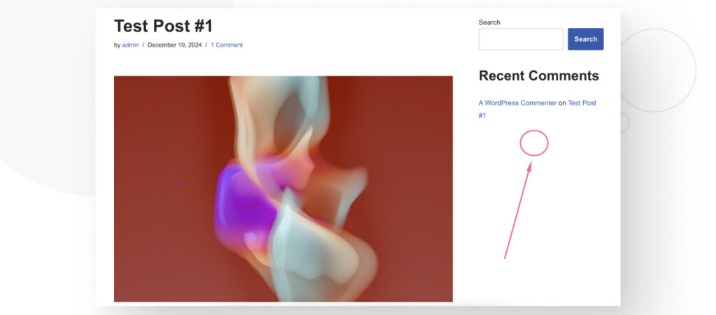 A WordPress post. A circle an arrow point out the place where a "Recent Posts" section used to be