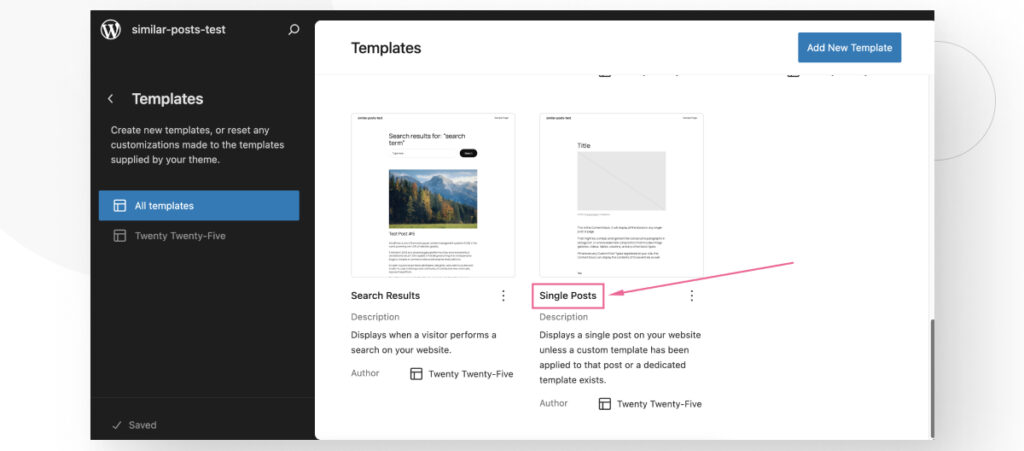 The WordPress Site Editor feature. The user is navigating the various templates in their theme