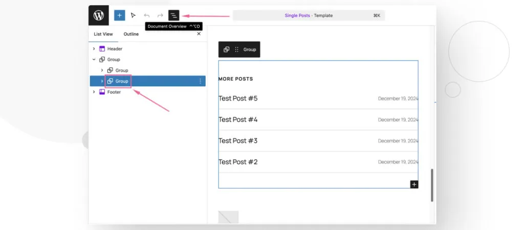 La función Editor del Sitio de WordPress. El usuario está editando la plantilla de Publicaciones Individuales