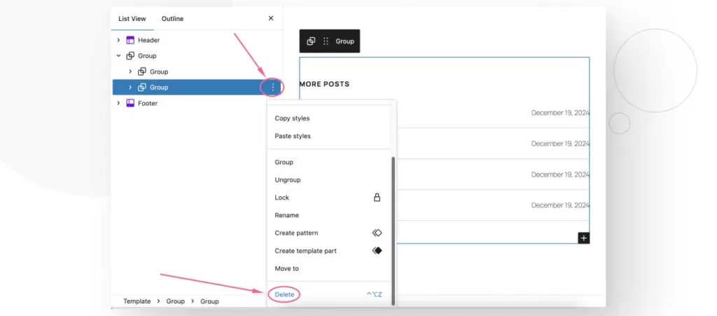 La función Editor del Sitio de WordPress. El usuario está a punto de eliminar un grupo de bloques en la plantilla de Publicaciones Individuales