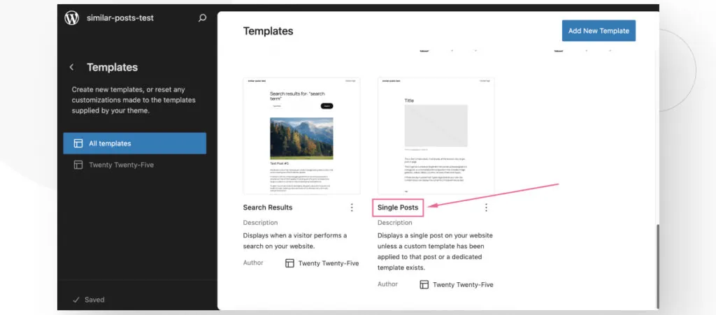 The WordPress Site Editor feature. The user is navigating the various templates in their theme