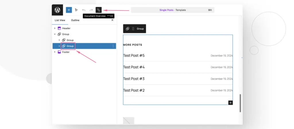 The WordPress Site Editor feature. The user is editing the Single Posts template