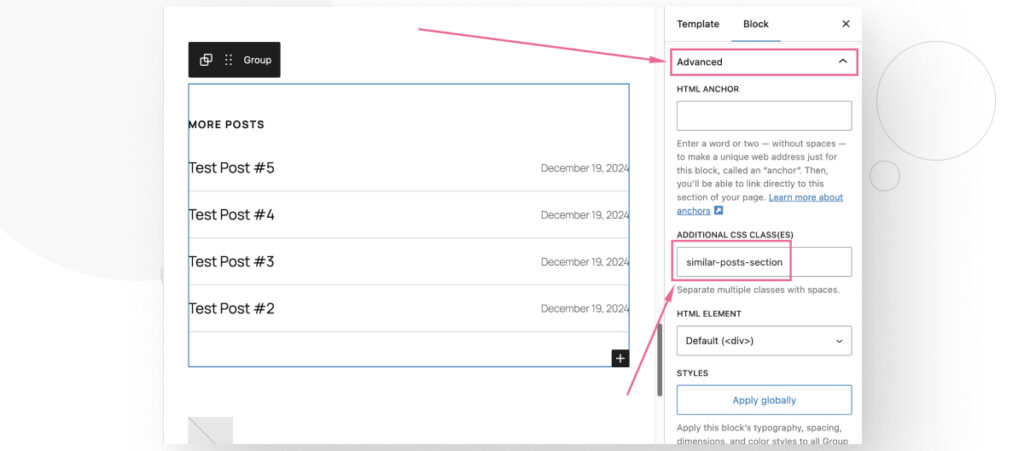 The WordPress Site Editor feature. The user is editing the Single Posts template to give a group of blocks a custom CSS class