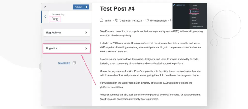 Navigating the theme Customize feature in WordPress