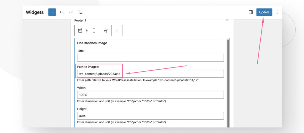 El editor de widgets. El usuario está configurando un widget personalizado introducido con el plugin Hot Random Image