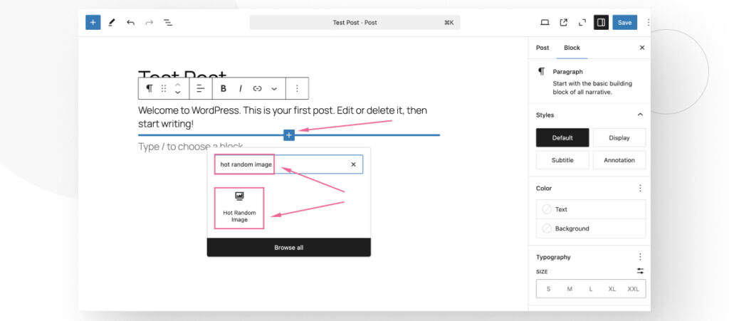 El editor Gutenberg de WordPress. El usuario está agregando un bloque personalizado introducido con el plugin Hot Random Image