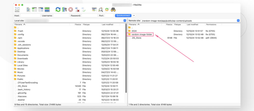 La interfaz del cliente FTP FileZilla. El usuario acaba de crear una nueva carpeta