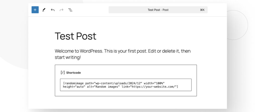 El editor Gutenberg de WordPress. El usuario está agregando un bloque de shortcode