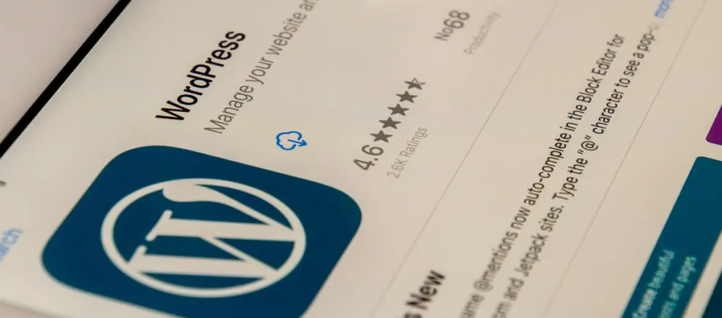 A closeup of a tablet or smartphone displaying the WordPress app on the app store