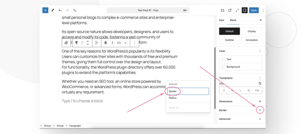 The WordPress Gutenberg editor. The user is editing a block's border settings