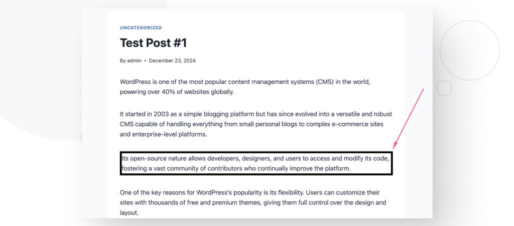 A WordPress post. One of the paragraphs has a black border around it, which was added with the post editor's styling settings