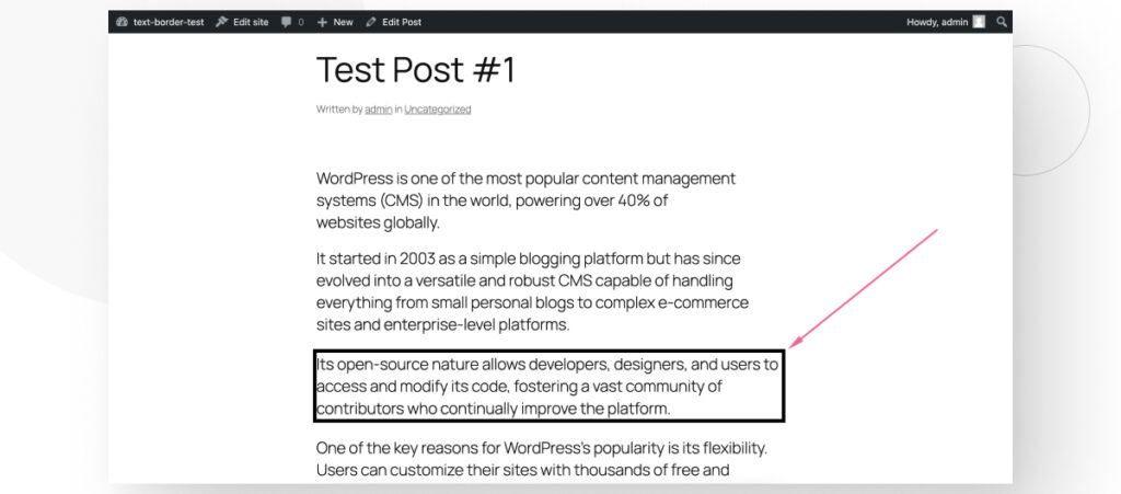 A WordPress post. One of the paragraphs has a black border around it, which was added with custom CSS