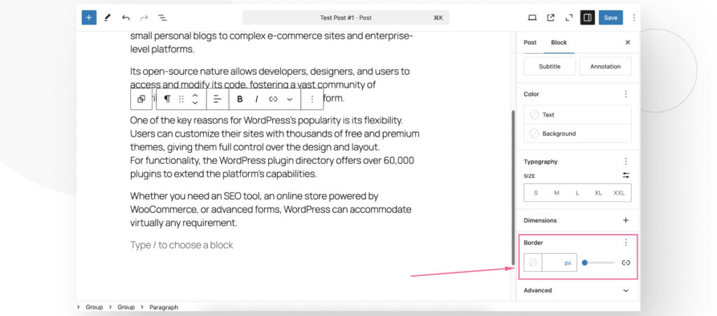 The WordPress Gutenberg editor. The user is editing a block's border settings